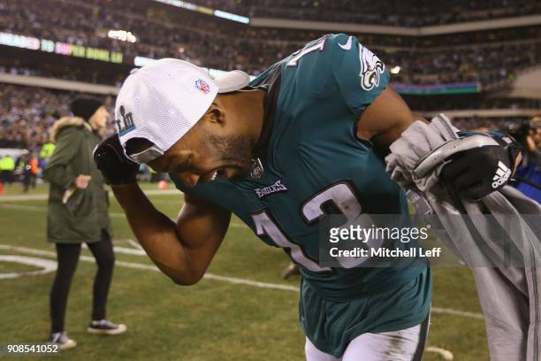 Nelson Agholor of the Philadelphia Eagles celebrates his teams win over the Minnesota Vikings in the NFC Championship game at Lincoln Financial Field...