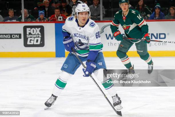 Markus Granlund of the Vancouver Canucks skates against the Minnesota Wild during the game at the Xcel Energy Center on January 14, 2018 in St. Paul,...