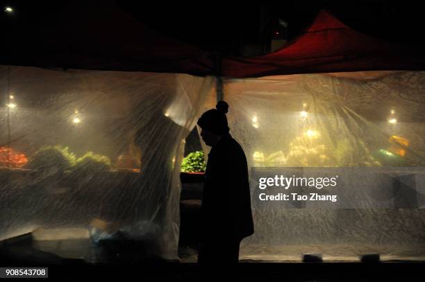 Woman buys vegetable from stall as recent temperatures dropped to as low as -35 C on January 22, 2018 in Harbin, China.