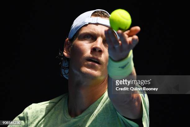 Tomas Berdych of the Czech Republic serves in his fourth round match against Fabio Fognini of Italy on day eight of the 2018 Australian Open at...