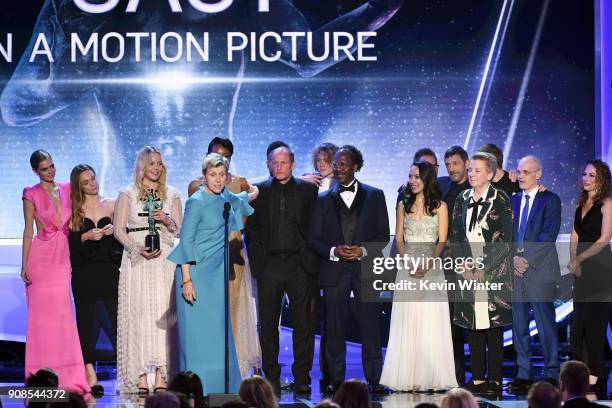 Actor Frances McDormand and 'Three Billboards Outside Ebbing, Missouri' castmates accept the Outstanding Performance by a Cast in a Motion Picture...