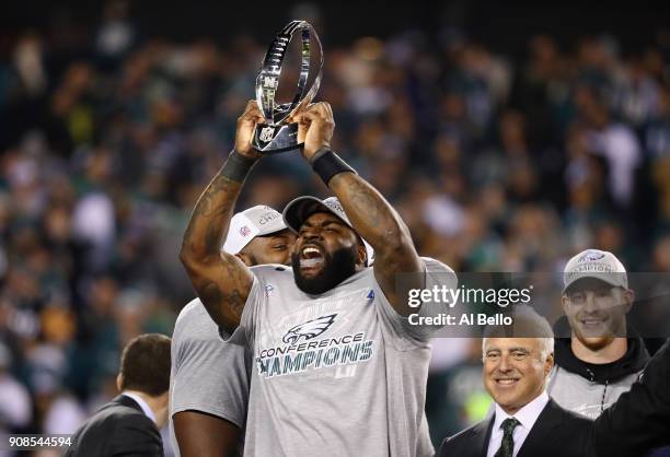 Vinny Curry of the Philadelphia Eagles celebrates his teams win over the Minnesota Vikings in the NFC Championship game at Lincoln Financial Field on...