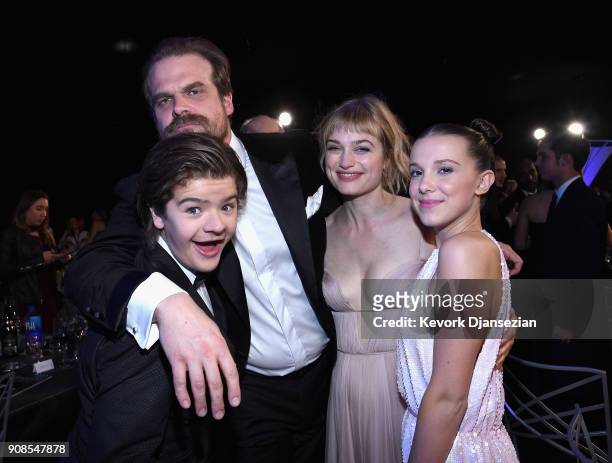 Actors Gaten Matarazzo , David Harbour, Allison Sudol, and Millie Bobby Brown during the 24th Annual Screen Actors Guild Awards at The Shrine...