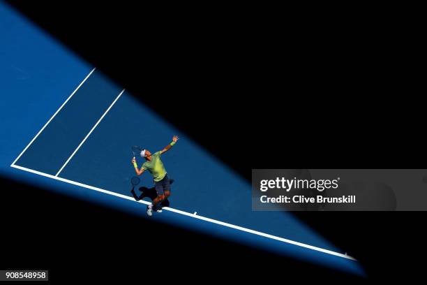 Tomas Berdych of the Czech Republic serves in his fourth round match against Fabio Fognini of Italy on day eight of the 2018 Australian Open at...