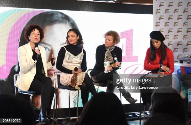 Stephanie Allain, Tessa Thompson, Debra L Lee, and Angela Rye attend "On One with Angela Rye" Presents: Black Women Are Leading The Revolution during...