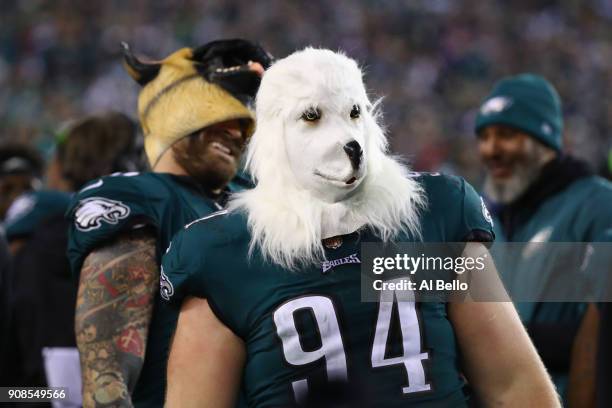 Beau Allen of the Philadelphia Eagles celebrates his teams win while wearing a dog mask over the Minnesota Vikings in the NFC Championship game at...