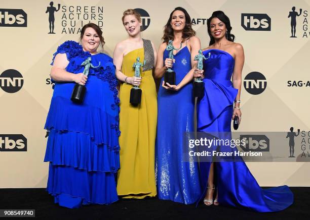 Actors Chrissy Metz, Alexandra Breckenridge, Mandy Moore, and Susan Kelechi Watson, winners of Outstanding Performance by an Ensemble in a Drama...