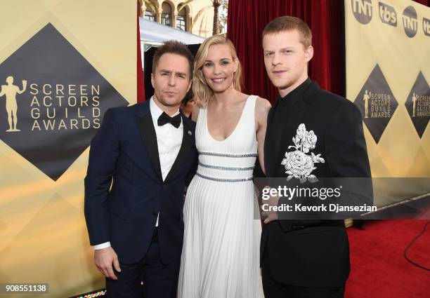 Actors Sam Rockwell , Leslie Bibb, and Lucas Hedges attend the 24th Annual Screen Actors Guild Awards at The Shrine Auditorium on January 21, 2018 in...