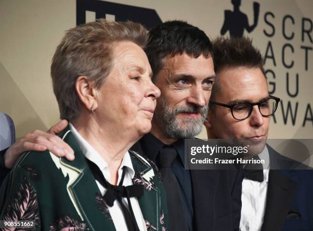 Actors Sandy Martin, John Hawkes and Sam Rockwell, winners of Outstanding Performance by a Cast in a Motion Picture for 'Three Billboards Outside...