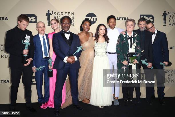 Cast of 'Three Billboards Outside Ebbing, Missouri', winners of Outstanding Performance by a Cast in a Motion Picture, pose in the press room during...