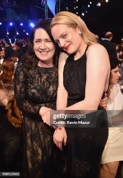 Actors Ann Dowd and Elisabeth Moss pose during the 24th Annual Screen Actors Guild Awards at The Shrine Auditorium on January 21, 2018 in Los...
