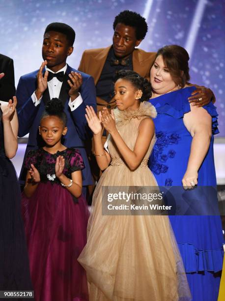 Actors Niles Fitch, Faithe Herman, Eris Baker, Jermel Nakia, and Chrissy Metz accept the Outstanding Performance by an Ensemble in a Drama Series for...