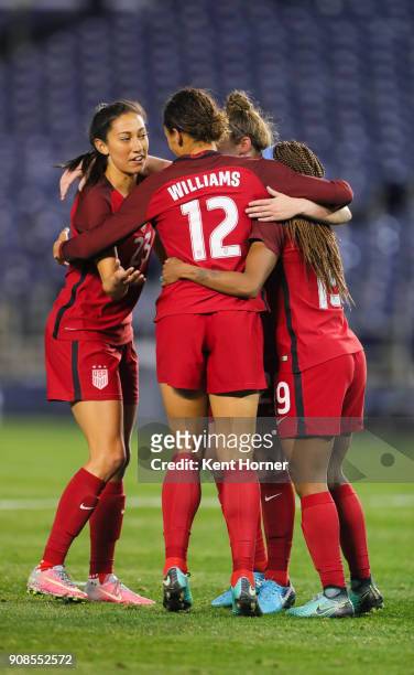 Crystal Dunn of the U.S. Women's national team celebrates with Lynn Williams and Christen Press after scoring a goal during the second half against...
