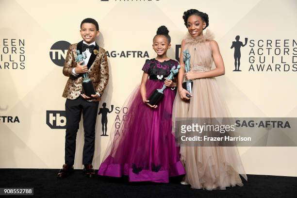 Actors Lonnie Chavis, Faithe Herman and Eris Baker, winners of Outstanding Performance by an Ensemble in a Drama Series for 'This Is Us,' pose in the...
