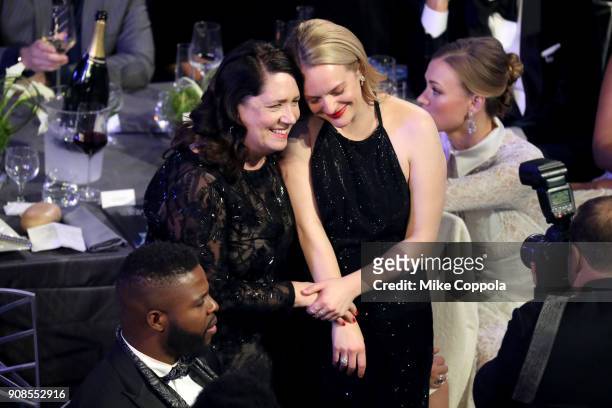Actors Ann Dowd and Elisabeth Moss during the 24th Annual Screen Actors Guild Awards at The Shrine Auditorium on January 21, 2018 in Los Angeles,...
