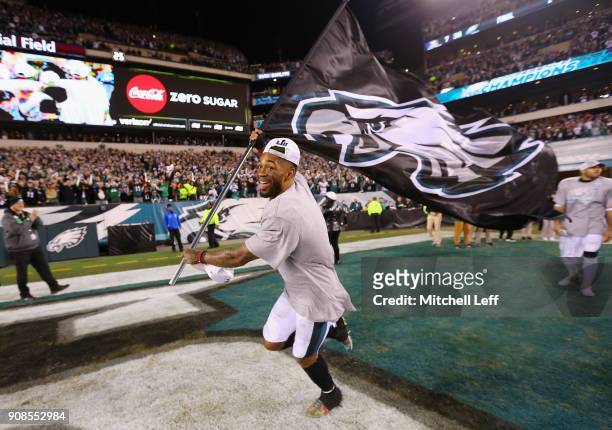 Jalen Mills of the Philadelphia Eagles celebrates his teams win over the Minnesota Vikings in the NFC Championship game at Lincoln Financial Field on...