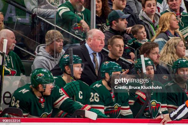 Minnesota Wild head coach Bruce Boudreau leads his team against the Winnipeg Jets during the game at the Xcel Energy Center on January 13, 2018 in...