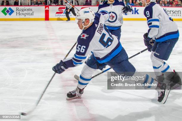 Marko Dano of the Winnipeg Jets shoots the puck against the Minnesota Wild during the game at the Xcel Energy Center on January 13, 2018 in St. Paul,...