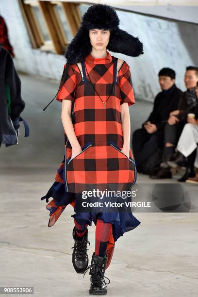 Model walks the runway during the Sacai Menswear Fall/Winter 2018-2019 show as part of Paris Fashion Week on January 20, 2018 in Paris, France.