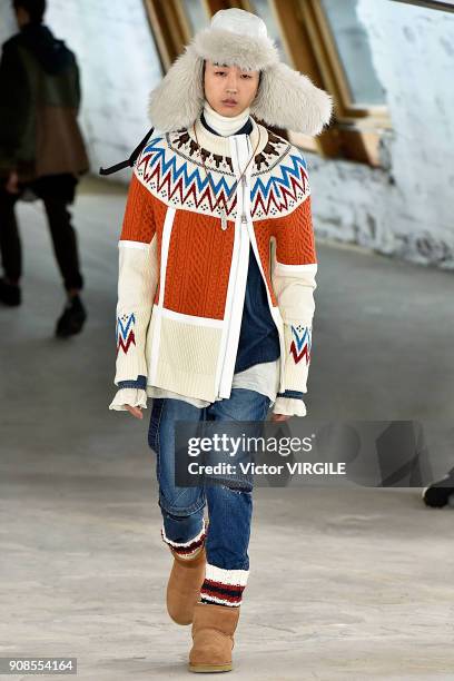 Model walks the runway during the Sacai Menswear Fall/Winter 2018-2019 show as part of Paris Fashion Week on January 20, 2018 in Paris, France.