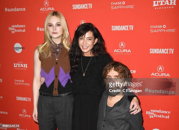 Elle Fanning, director Reed Morano and actor Peter Dinklage attend the 'I Think We're Alone Now' Premiere during the 2018 Sundance Film Festival at...