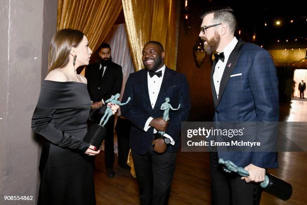 Actors Sarah Sutherland, Sam Richardson, and Timothy Simons, co-winners of the Outstanding Performance by an Ensemble in a Comedy Series award for...