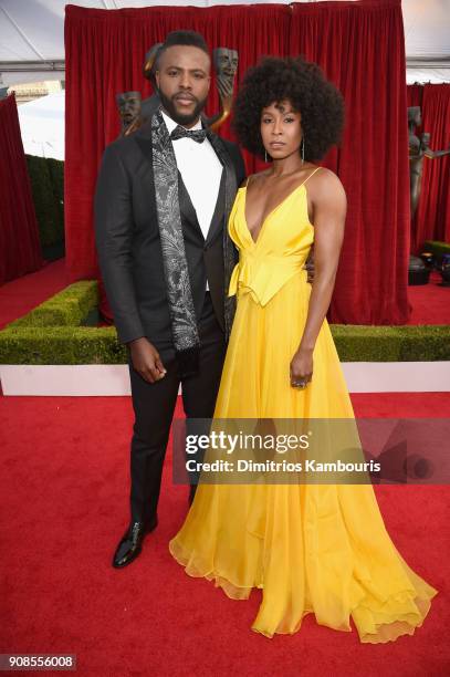 Actors Winston Duke and Sydelle Noel attend the 24th Annual Screen Actors Guild Awards at The Shrine Auditorium on January 21, 2018 in Los Angeles,...