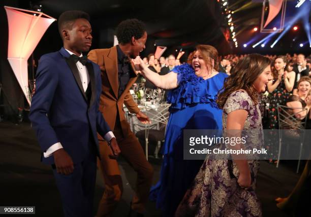 Actors Jermel Nakia, Niles Fitch, Cristine Metz and Victoria Macabu celebrate after winning the award for Outstanding Performance for by an Ensemble...