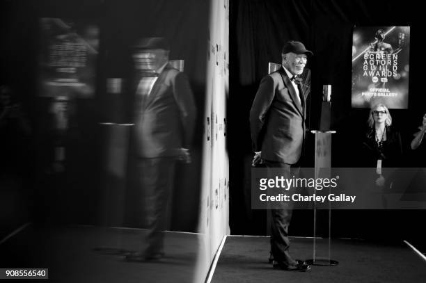 Actor Morgan Freeman poses with Screen Actors Guild Life Achievement Award backstage during the 24th Annual Screen Actors Guild Awards at The Shrine...