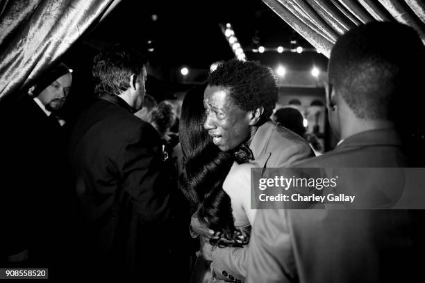 Actor Jermel Nakia celebrates win for Outstanding Performance by an Ensemble in a Drama Series backstage during the 24th Annual Screen Actors Guild...