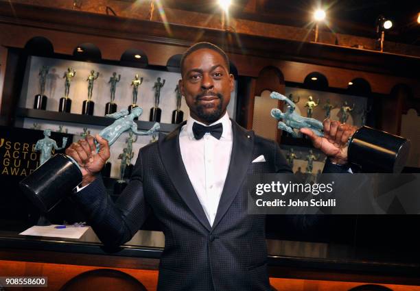 Sterling K. Brown poses in the trophy room at the 24th Annual Screen Actors Guild Awards at The Shrine Auditorium on January 21, 2018 in Los Angeles,...