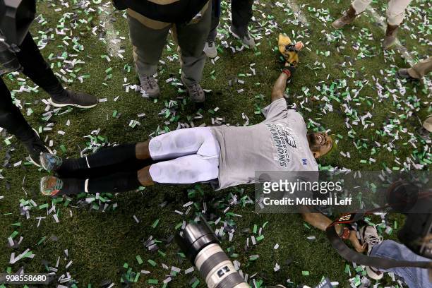 Jalen Mills of the Philadelphia Eagles celebrates his teams win over the Minnesota Vikings in the NFC Championship game at Lincoln Financial Field on...