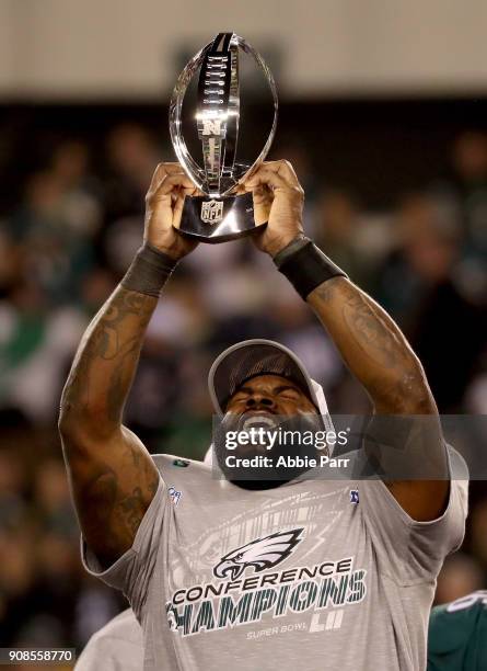 Vinny Curry of the Philadelphia Eagles celebrates his teams win over the Minnesota Vikings in the NFC Championship game at Lincoln Financial Field on...