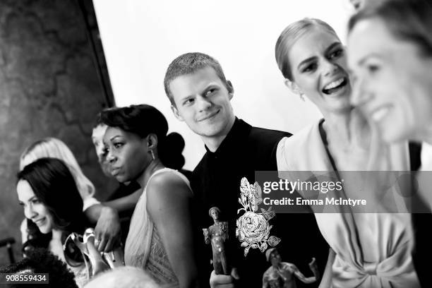 Actors Amanda Warren, Lucas Hedges, and Samara Weaving, co-winners of the Outstanding Performance by a Cast in a Motion Picture award for 'Three...