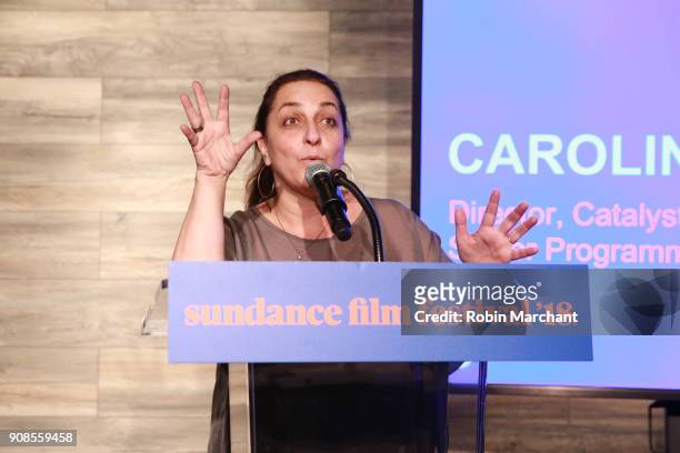 Caroline Libresco speaks on stage at the Catalyst Reception during 2018 Sundance Film Festival at The Claim Jumper on January 21, 2018 in Park City,...