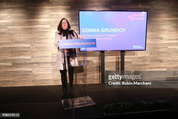 Donna Gruneich speaks on stage at the Catalyst Reception during 2018 Sundance Film Festival at The Claim Jumper on January 21, 2018 in Park City,...