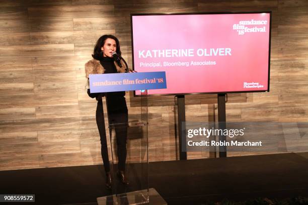 Katherine Oliver speaks on stage at the Catalyst Reception during 2018 Sundance Film Festival at The Claim Jumper on January 21, 2018 in Park City,...