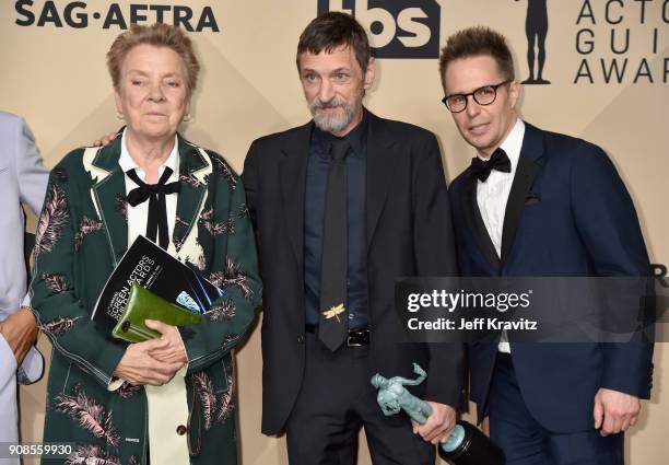 Actors Sandy Martin, John Hawkes, and Sam Rockwell pose in the press room during the 24th Annual Screen Actors Guild Awards at The Shrine Auditorium...