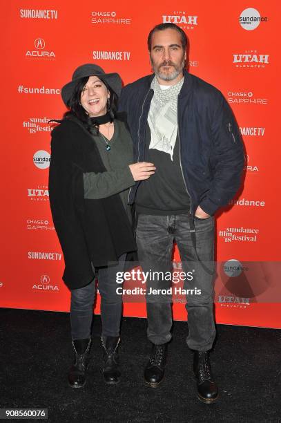 Writer/Director Lynne Ramsay and actor Joaquin Phoenix attend the "You Were Never Really Here" Premiere during the 2018 Sundance Film Festival at The...