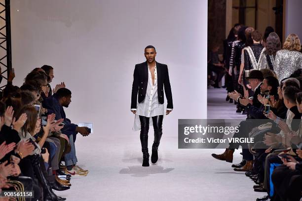 Olivier Rousteing walks the runway during the Balmain Homme Menswear Fall/Winter 2018-2019 show as part of Paris Fashion Week on January 20, 2018 in...