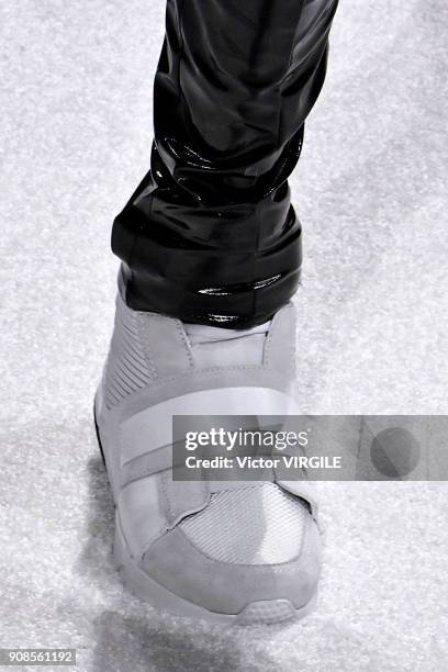 Model walks the runway during the Balmain Homme Menswear Fall/Winter 2018-2019 show as part of Paris Fashion Week on January 20, 2018 in Paris,...