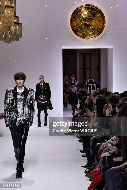 Model walks the runway during the Balmain Homme Menswear Fall/Winter 2018-2019 show as part of Paris Fashion Week on January 20, 2018 in Paris,...