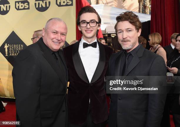 Actors Conleth Hill , Isaac Hempstead Wright and Aiden Gillen attend the 24th Annual Screen Actors Guild Awards at The Shrine Auditorium on January...