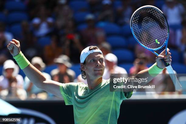 Tomas Berdych of the Czech Republic celebrates winning his fourth round match against Fabio Fognini of Italy on day eight of the 2018 Australian Open...