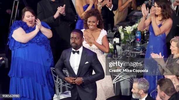 Actor Sterling K. Brown wins Outstanding Performance by a Male Actor in a Drama Series for 'This Is Us' during the 24th Annual Screen Actors Guild...