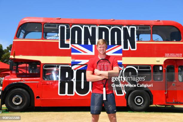 Kyle Edmund of Great Britain poses at Grand Slam oval on day eight of the 2018 Australian Open at Melbourne Park on January 22, 2018 in Melbourne,...