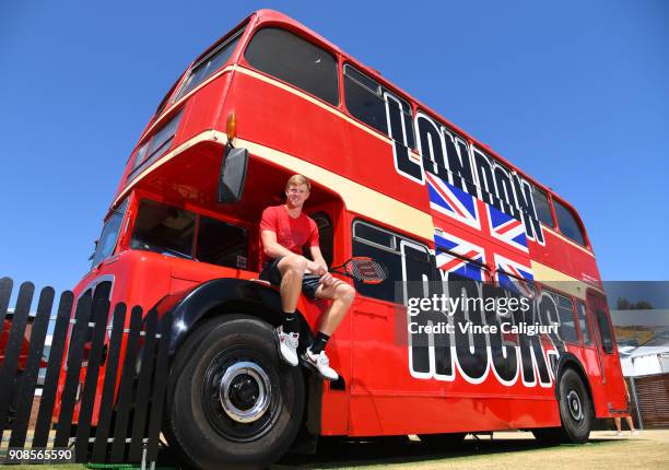 Kyle Edmund of Great Britain poses at Grand Slam oval on day eight of the 2018 Australian Open at Melbourne Park on January 22, 2018 in Melbourne,...