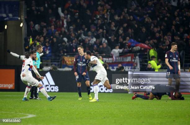 Memphis Depay of Lyon celebrates his winning goal at the last minute with Lucas Tousart during the French Ligue 1 match between Olympique Lyonnais...