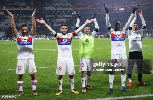 Jeremy Morel, Nabil Fekir, Jordan Ferri, Ferland Mendy, Houssem Aouar of Lyon celebrate the victory following the French Ligue 1 match between...