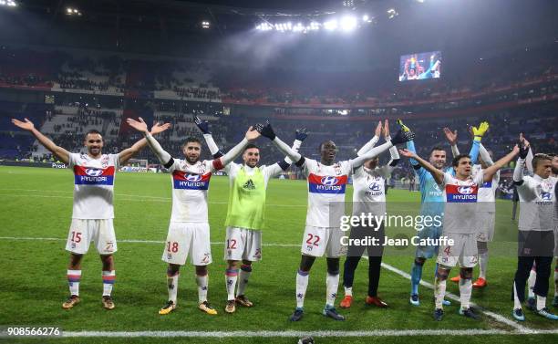 Jeremy Morel, Nabil Fekir, Jordan Ferri, Ferland Mendy, Houssem Aouar, goalkeeper of Lyon Anthony Lopes, Rafael Da Silva of Lyon celebrate the...